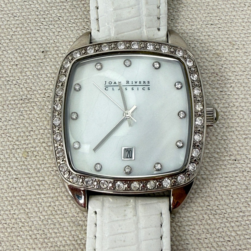 Joan Rivers Classics Watch WORKS White Leather Rhinestone Bezel‎ Date Quartz